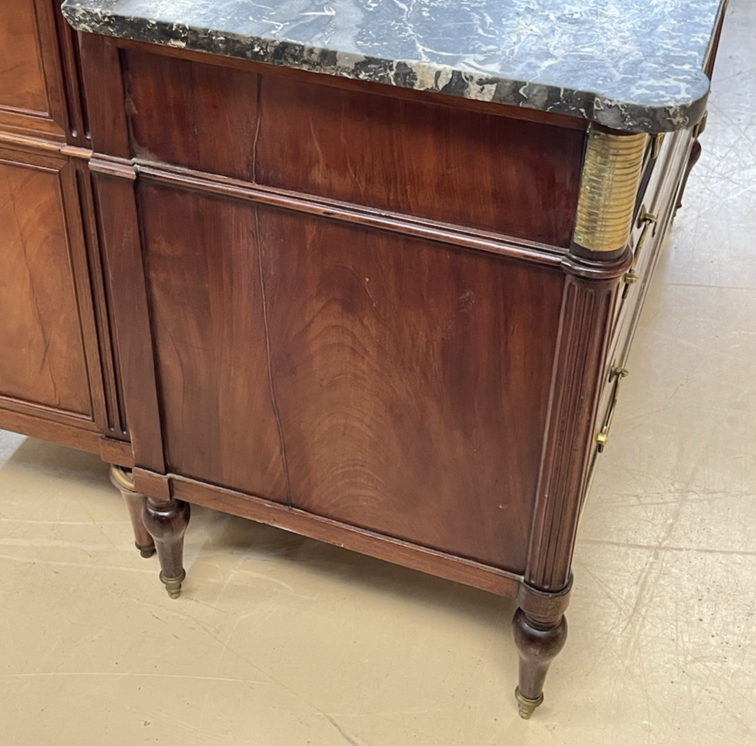 ANTIQUE FRENCH LOUIS XVI 5-DRAWER MAHOGANY COMMODE CHEST w/ GREY MARBLE TOP