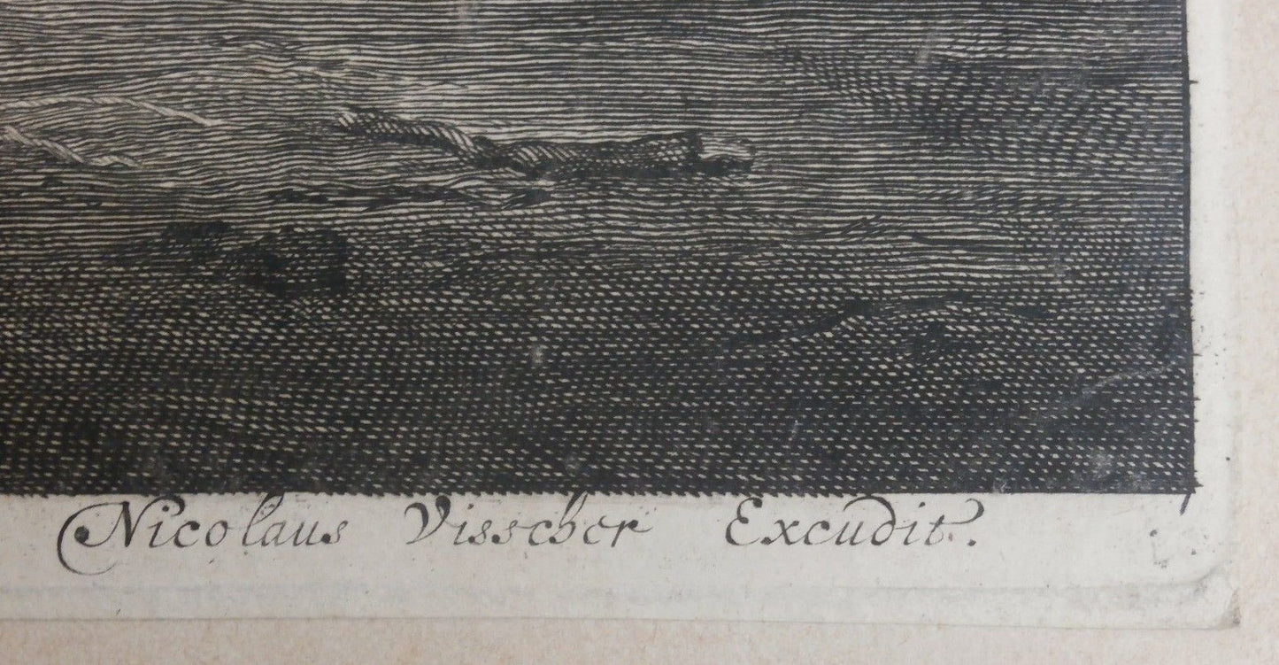 17th C. Nicolas Visscher Engraving / Etching - Villagers by the Grand Fireplace