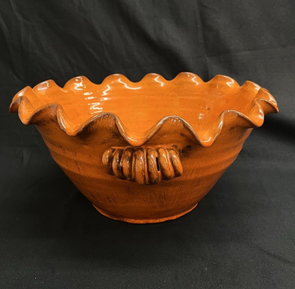 Large Stoneware Orange Glazed Ruffled Bowl w/ Handles 14.5"