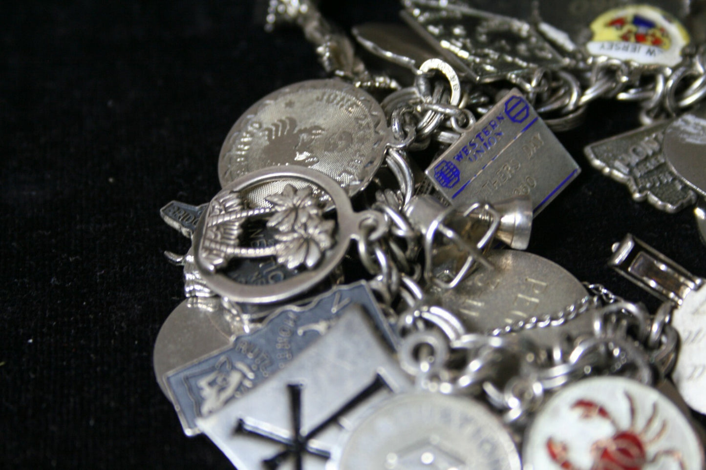 VTG Sterling Silver Charm Bracelet  7-1/4" (125 g) 1960's Safety Chain 43 Charms