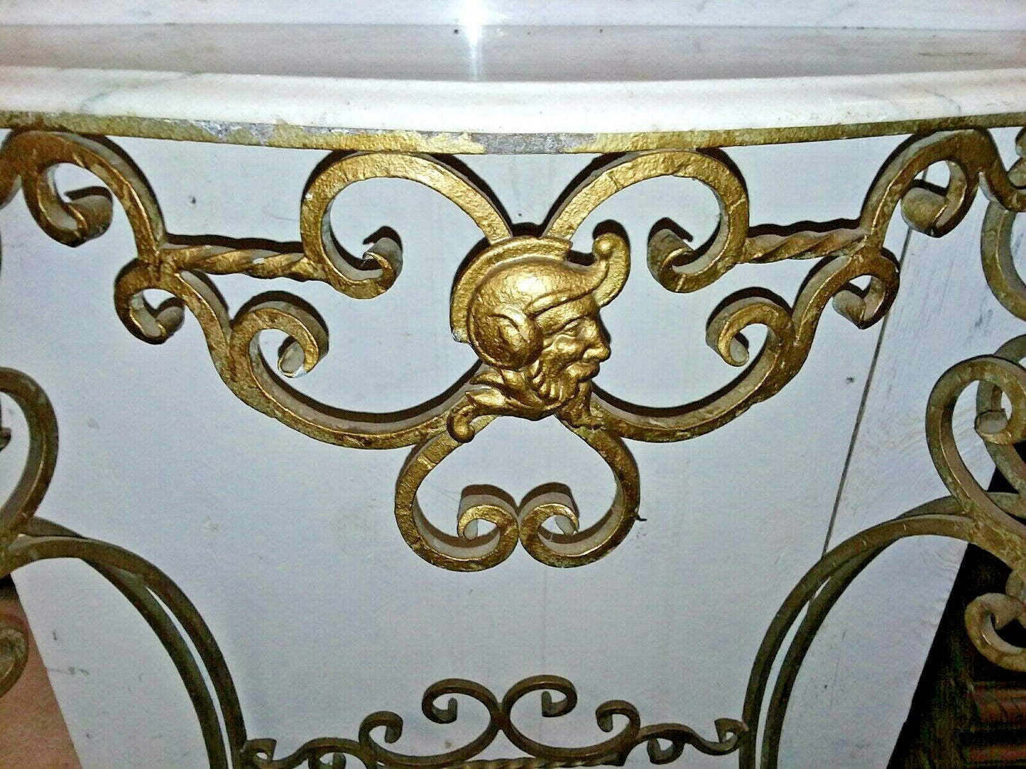 Antique Gilt Metal Console with Marble Top Entryway Italian