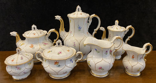 Meissen “Strewn Flower” Teapot Creamer Sugar Coffee & Tea Service Set of 7