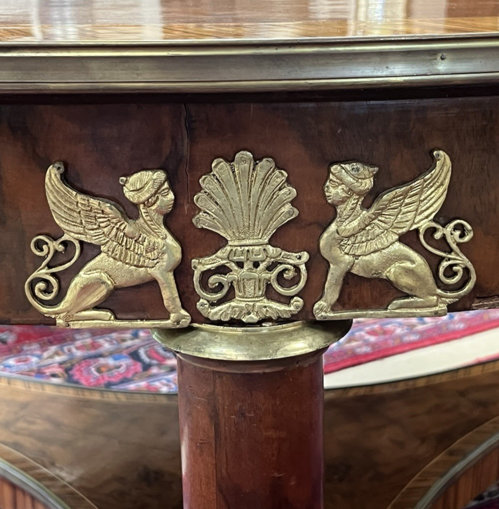 66" LARGE ROUND EMPIRE STYLE FIGURED BURL WALNUT CENTER ENTRYWAY TABLE