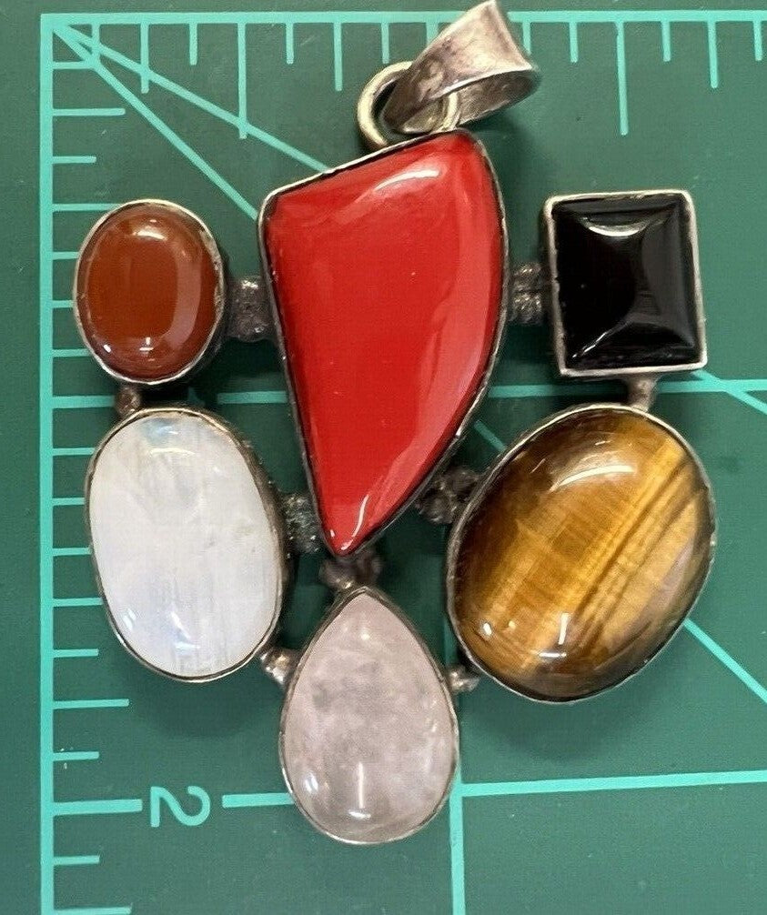 Sterling Silver Pendant with natural stones-cat eye, onyx, red jasper, abalone,