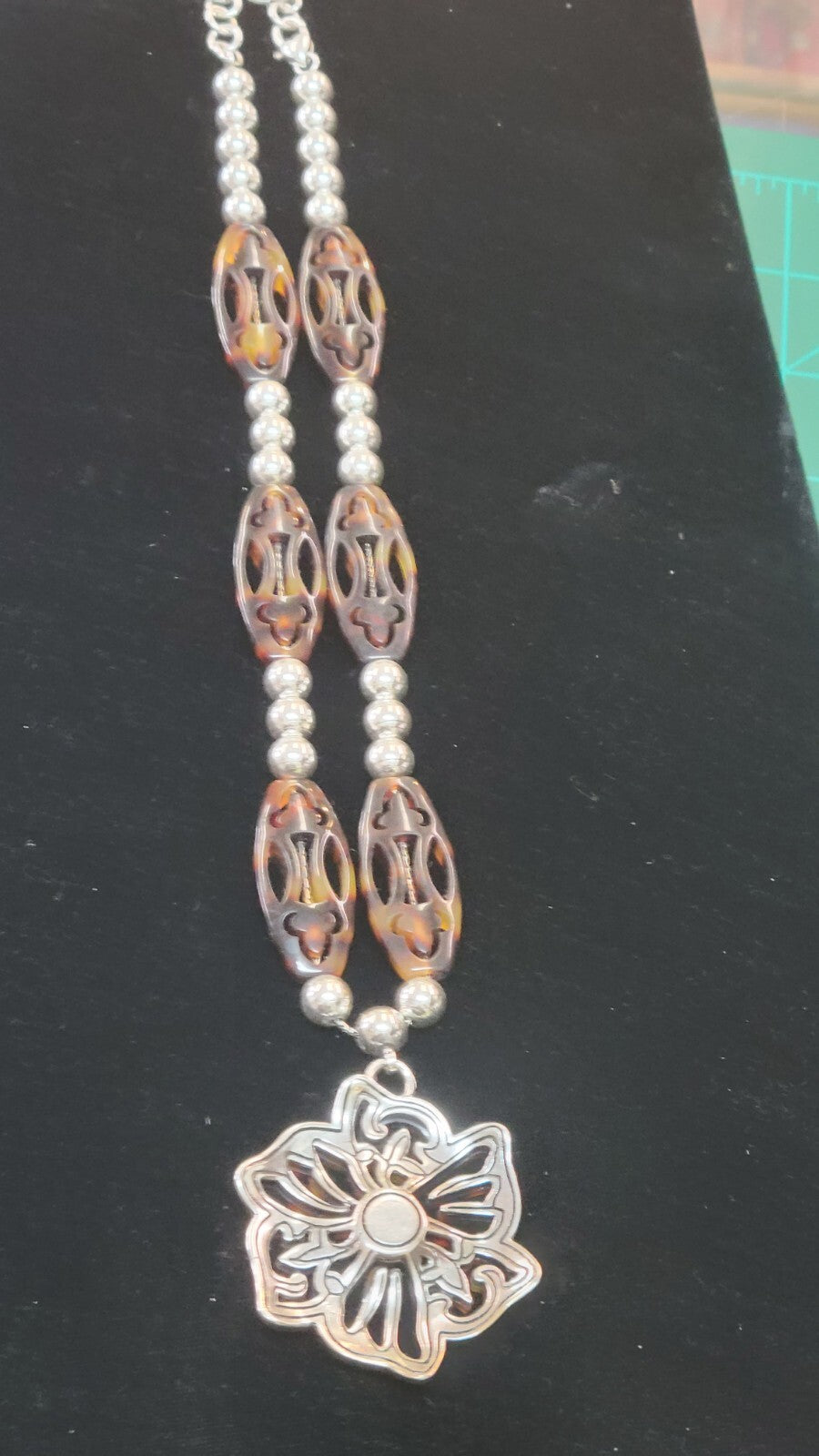 BRIGHTON Faux Tortoise & Silver Tone Beads Necklace Flower Pendant