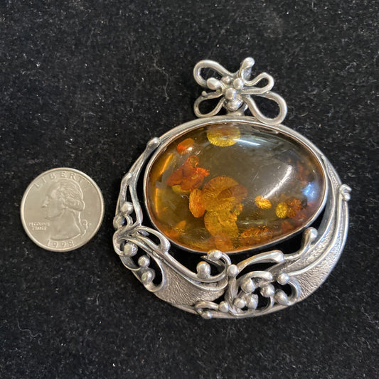 Sterling Silver & Amber 3" Pendant 53g