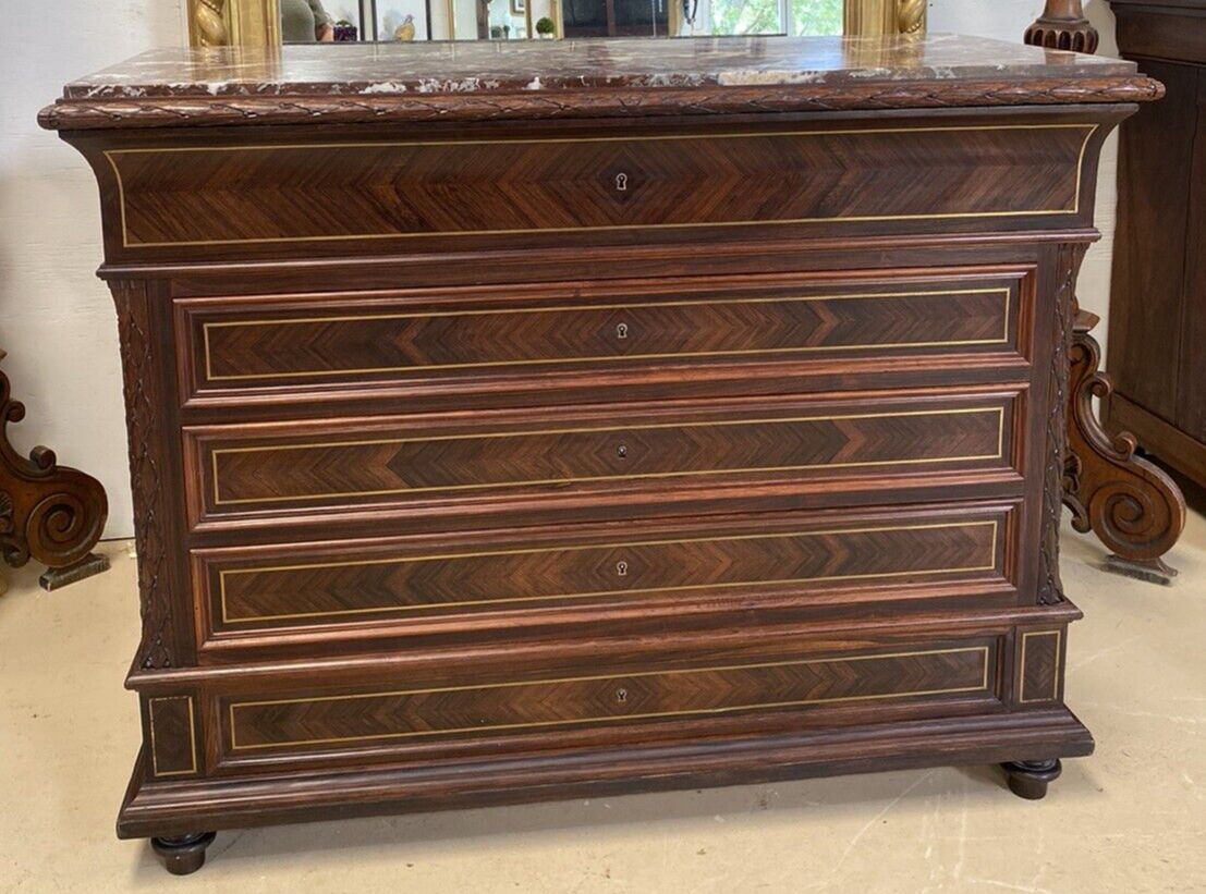 FRENCH MARBLE-TOP ROSEWOOD COMMODE SECRETAIRE CHEST OF DRAWERS