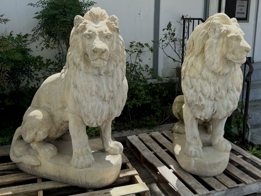 Full Size Large Pair of Belgian Cast Stone Entry Seated Lions Entrance Driveway