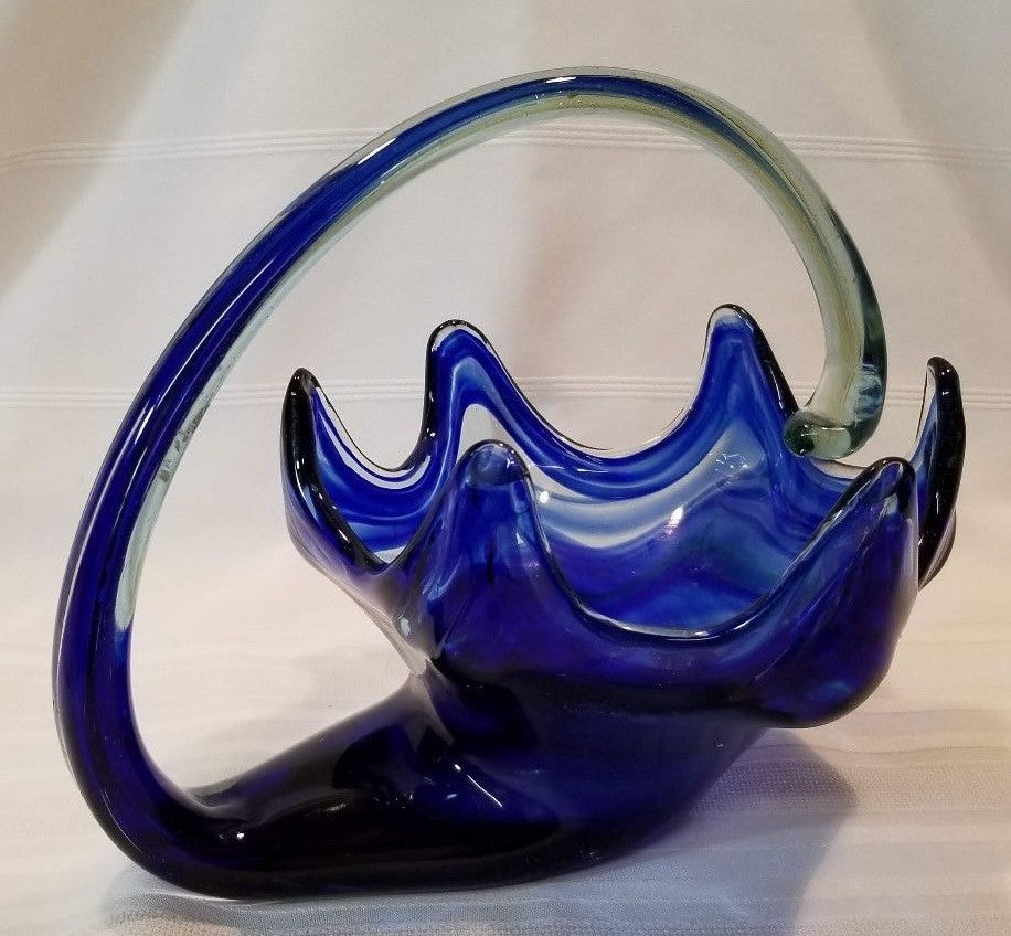 Vintage Hand Crafted Stretch Glass Centerpiece Bowl Cobalt Blue & Clear Glass