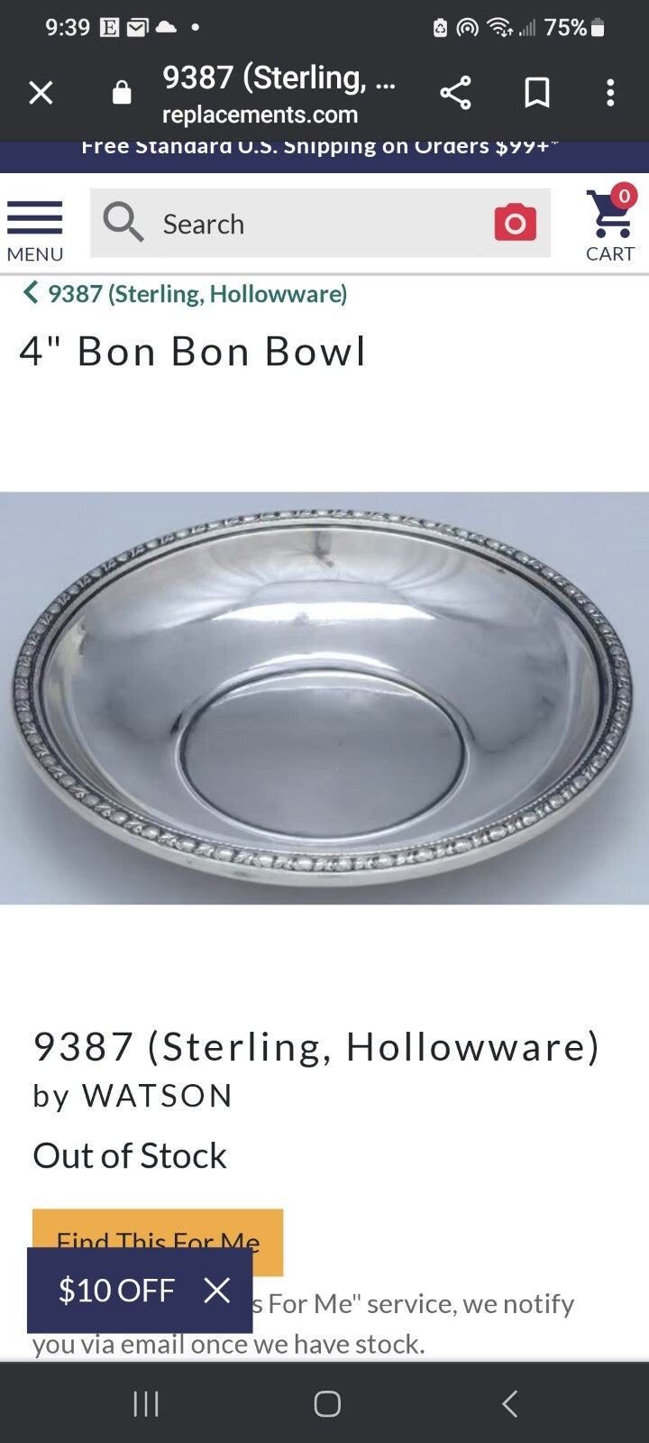 390g Watson Sterling Bowl 10 3/4" dia x H 2.5" Antique 1920's Art Deco