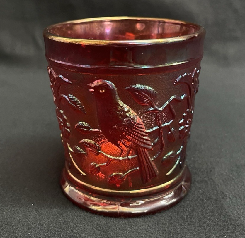 Vintage 1960s Imperial Glass OH Red Carnival Robin on Branch Mug 3.5"