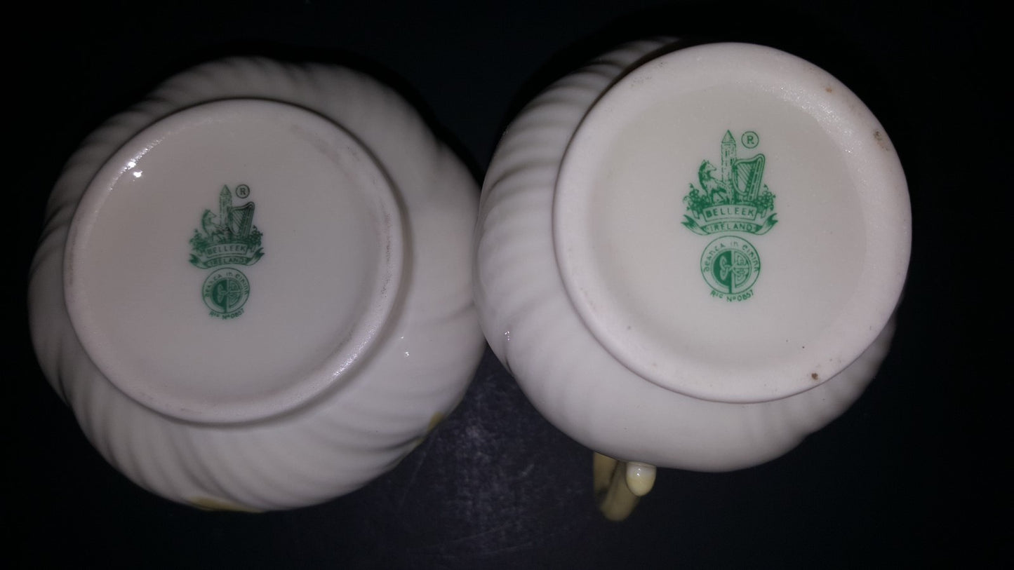 BELLEEK IRISH YELLOW RIBBON OPEN SUGAR BOWL & CREAMER 3rd GREEN  Mark1965-80