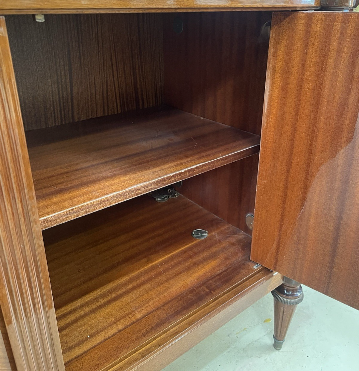 FRENCH LOUIS XVI MARBLE-TOP LACQUERED MARQUETRY DEMILUNE ENFILADE SIDEBOARD 105"