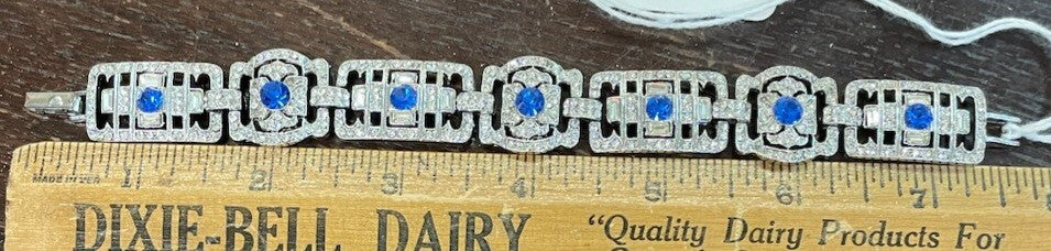 Vintage Rhinestone Link Bracelet 7 1/2" w Blue Stones