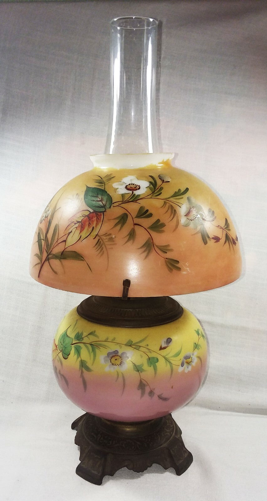 Gone with the Wind Style Antique Oil Lamp Handpainted Pink Orange Yellow Floral