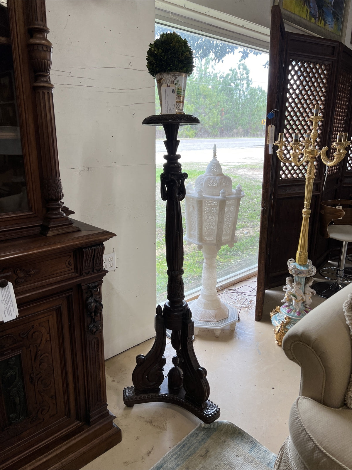 Pair of Classical Carved Mahogany Pedestal Plant Stands H 5 ft Scroll Base