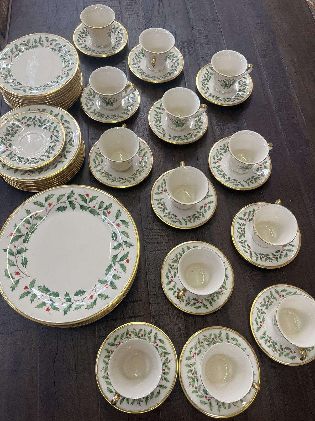 Lenox Ivory China Holiday Tea Cup and Saucer Holly Berry Gold Rim