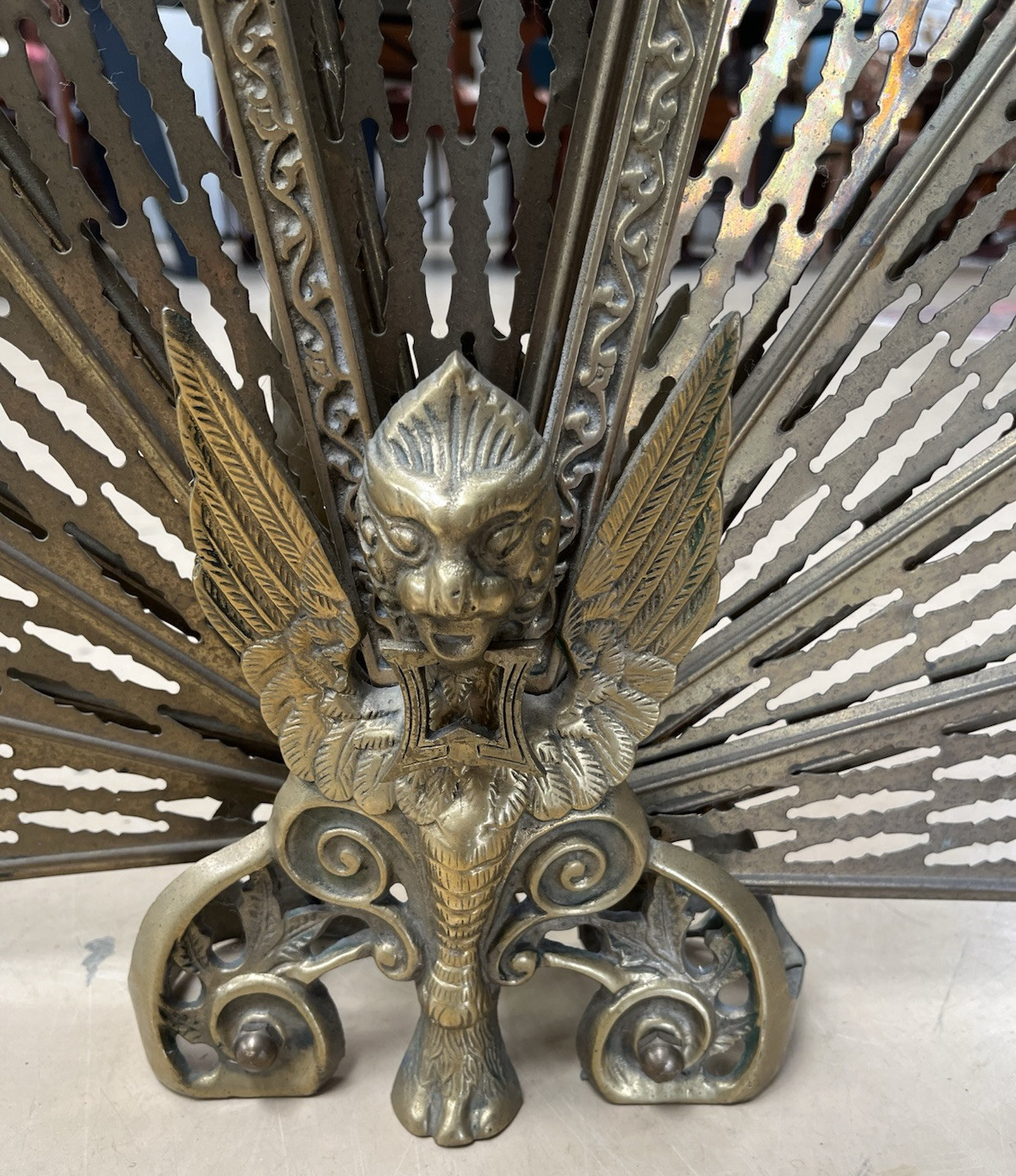 Gilt Brass Folding Peacock Firescreen Fire Screen w/ Bird Motif