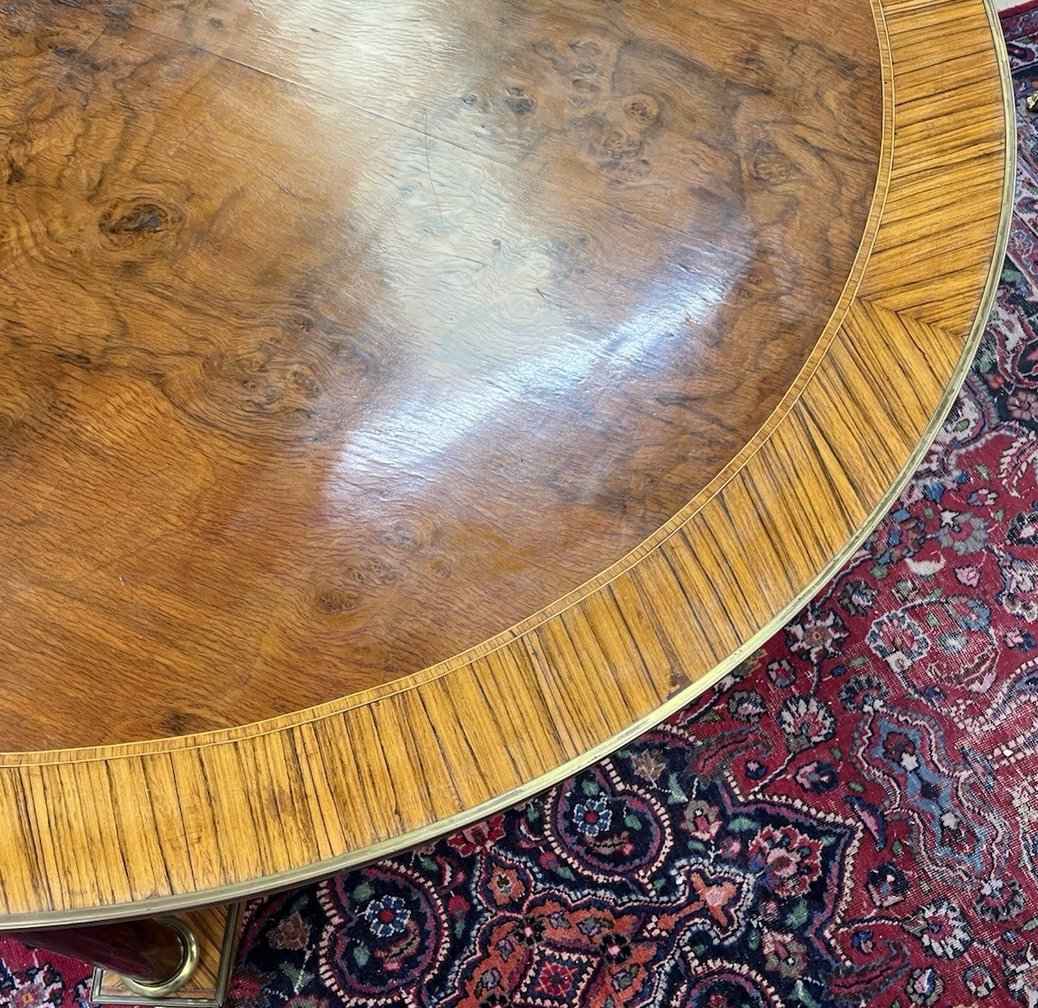 66" LARGE ROUND EMPIRE STYLE FIGURED BURL WALNUT CENTER ENTRYWAY TABLE