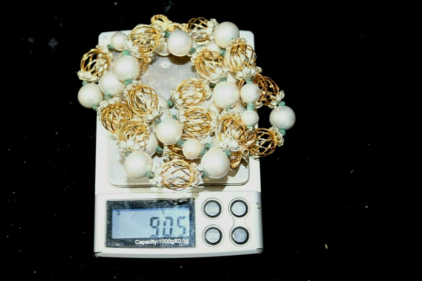 Vtg Signed Vendome Faux Pearls 2 Strand Necklace Gold Swirl Bead Rhinestone
