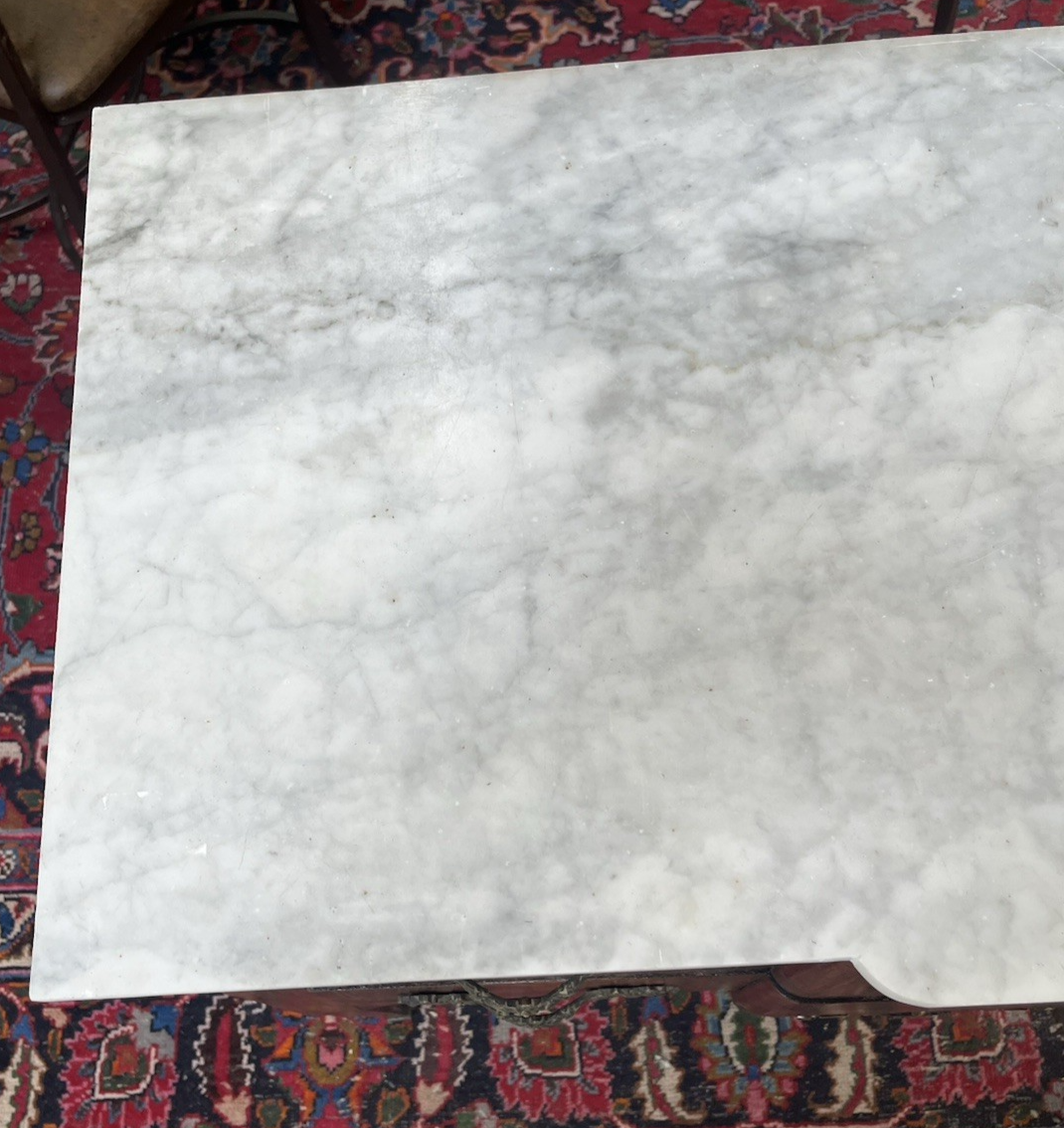 ANTIQUE FRENCH LOUIS XVI MARBLE-TOP INLAID BREAKFRONT COMMODE CHEST