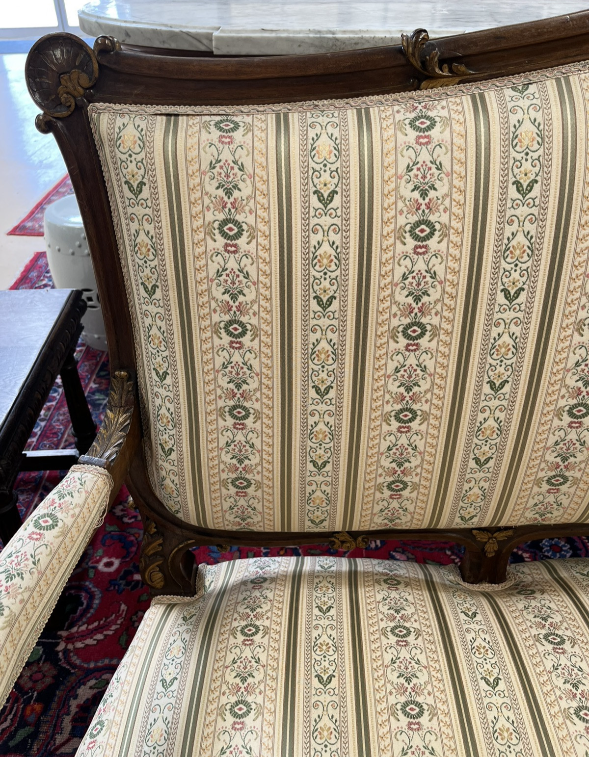 ANTIQUE FRENCH LOUIS XV CARVED & PARCEL-GILT UPHOLSTERED SALON SOFA COUCH SETTEE