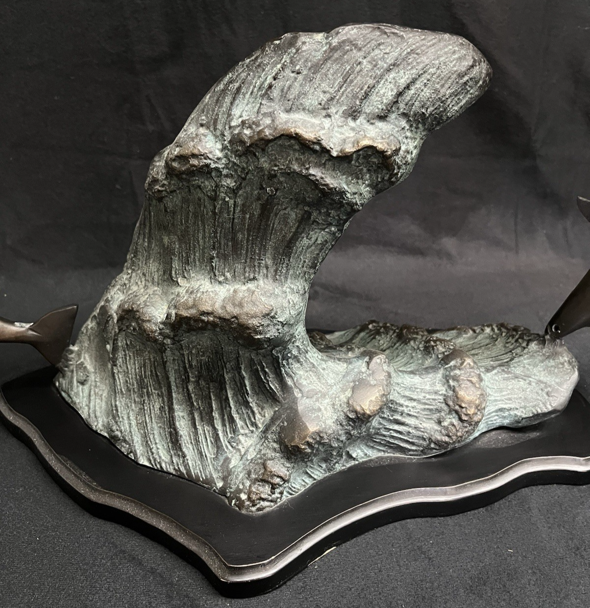 PB6 Bronze School of Dolphins Ocean Scene Statue w/ Wood Base 19"x 23"
