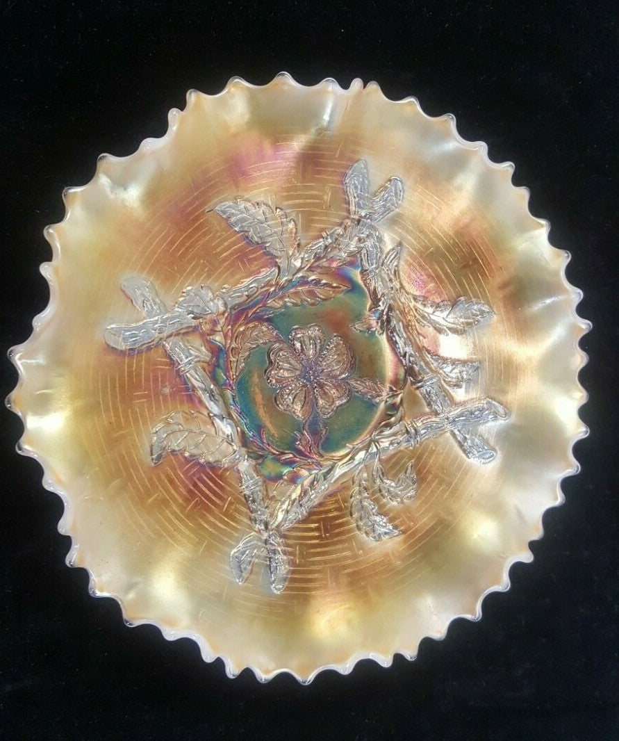Antique Vintage Apple Blossom Twigs Marigold Carnival Glass Dugan Plate 1900s