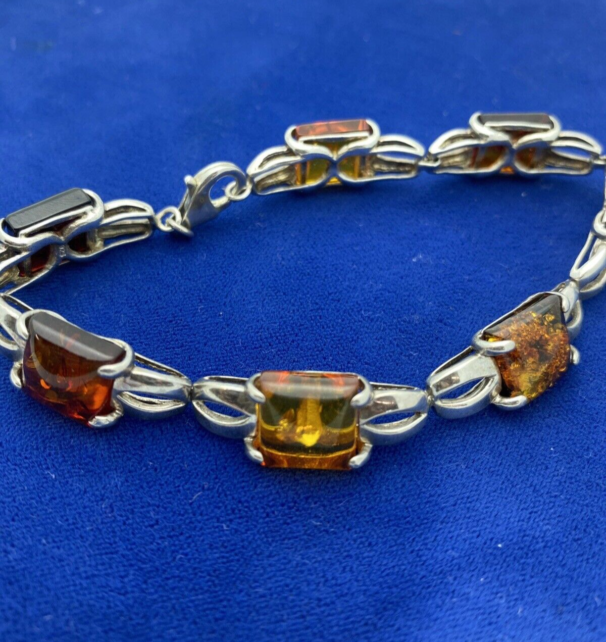 Vintage Baltic Poland Cognac Amber 925 Sterling Silver Bracelet Rectangle 15.2g