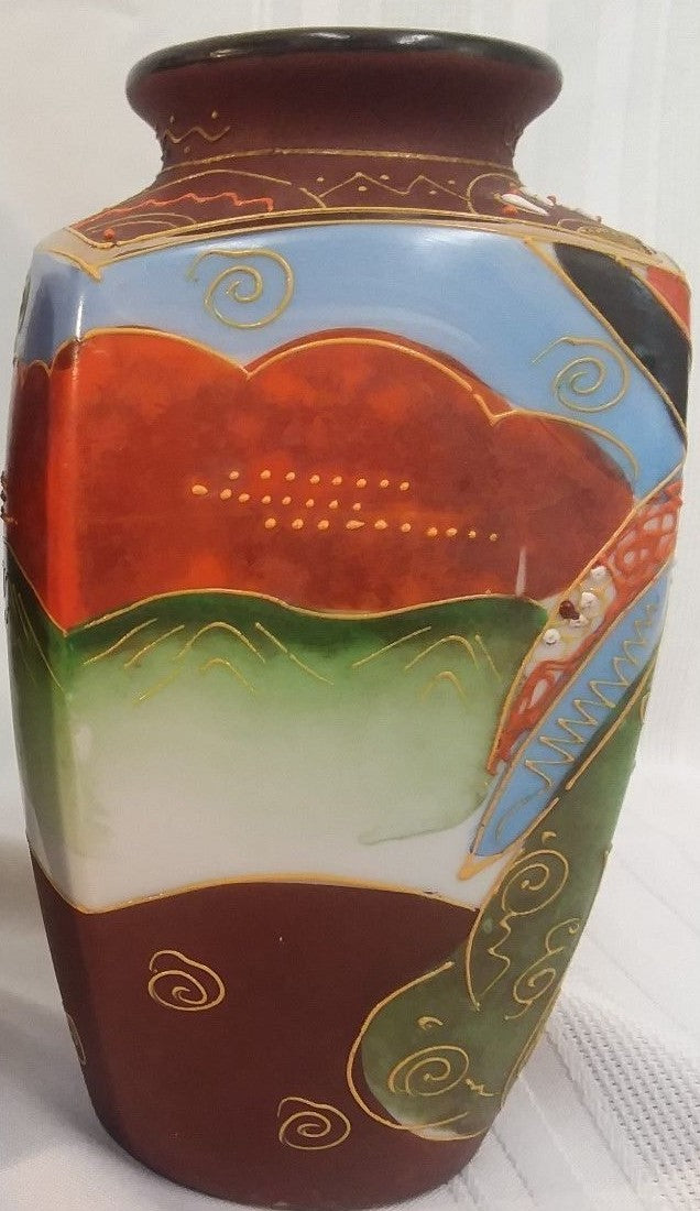 Pair Japanese Moriage Vases Man & Woman Colorful Dragonware  H6" Immortals