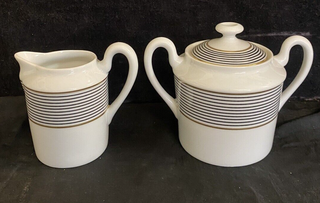 Raynaud Ceralene Crinoline Black Cream & Sugar Set Limoges France 1990 BH235G