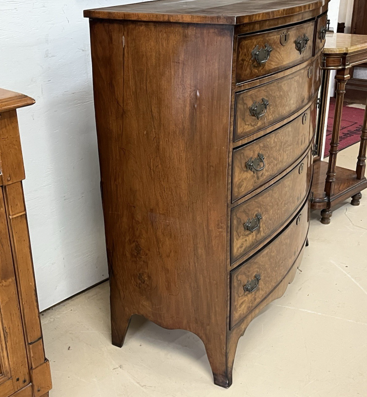 PERIOD ENGLISH REGENCY BURLED WALNUT BOW FRONT TALL CHEST OF DRAWERS
