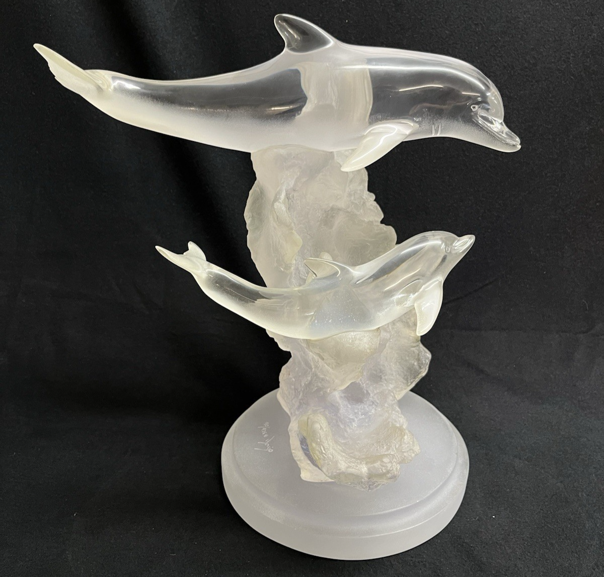 PB9 Donjo Clear Acrylic/Lucite Two Dolphins Swimming Sculpture Signed