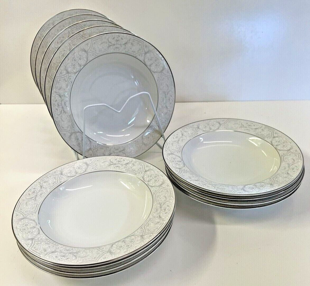12 Sango Lisbon 3790 Rim Soup Bowls 8 1/2" Made in Japan white & gray floral
