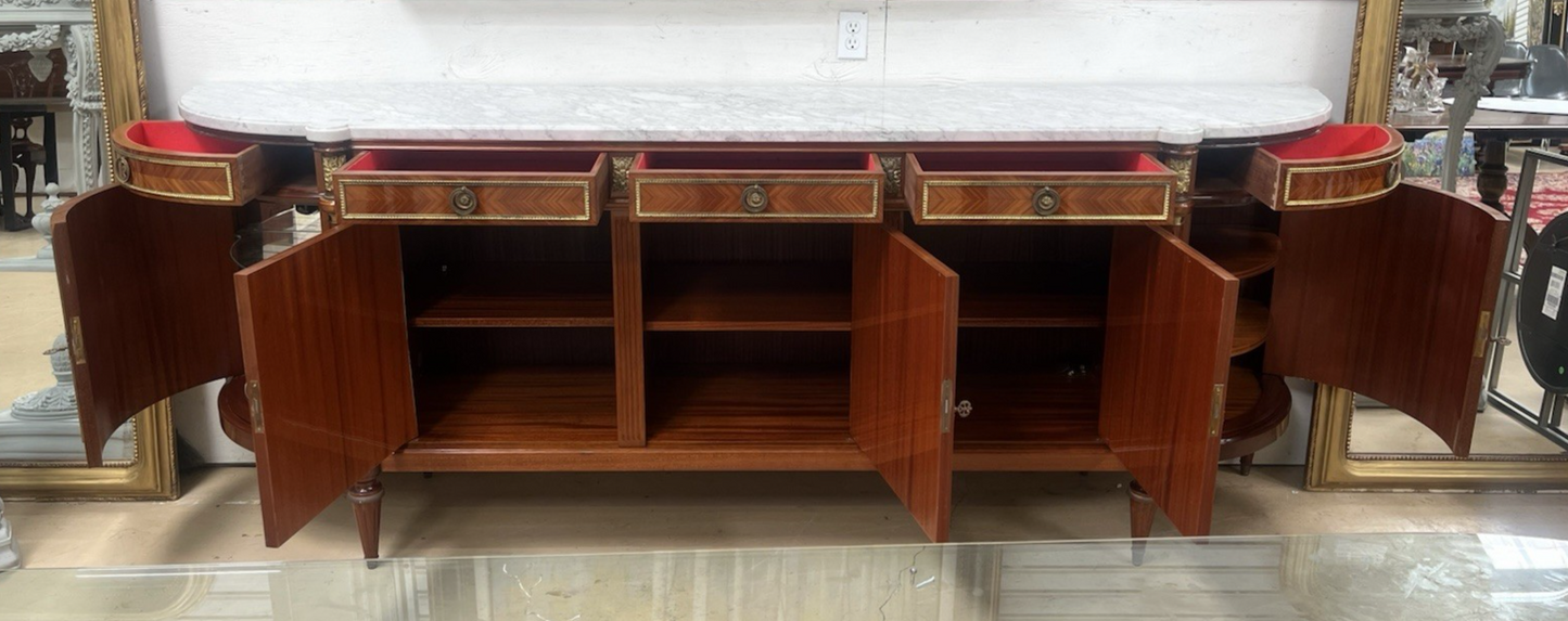 FRENCH LOUIS XVI MARBLE-TOP LACQUERED MARQUETRY DEMILUNE ENFILADE SIDEBOARD 105"