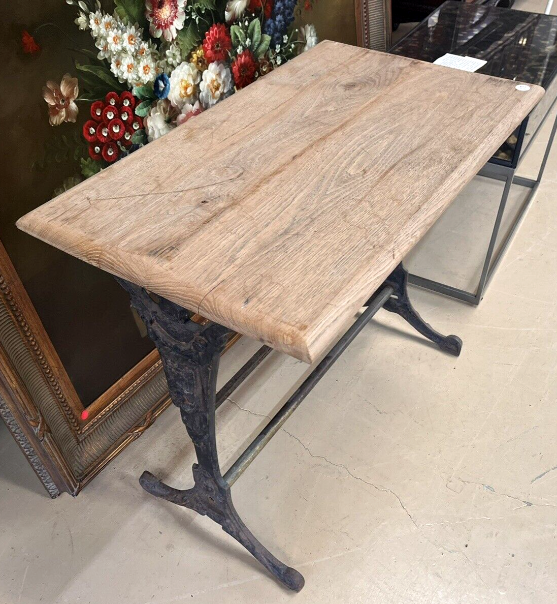 Antique French Art Deco bistro table w/ cast iron base natural white oak top