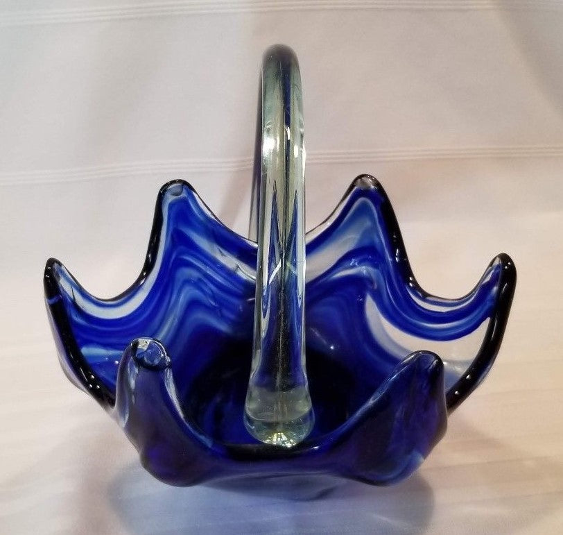 Vintage Hand Crafted Stretch Glass Centerpiece Bowl Cobalt Blue & Clear Glass