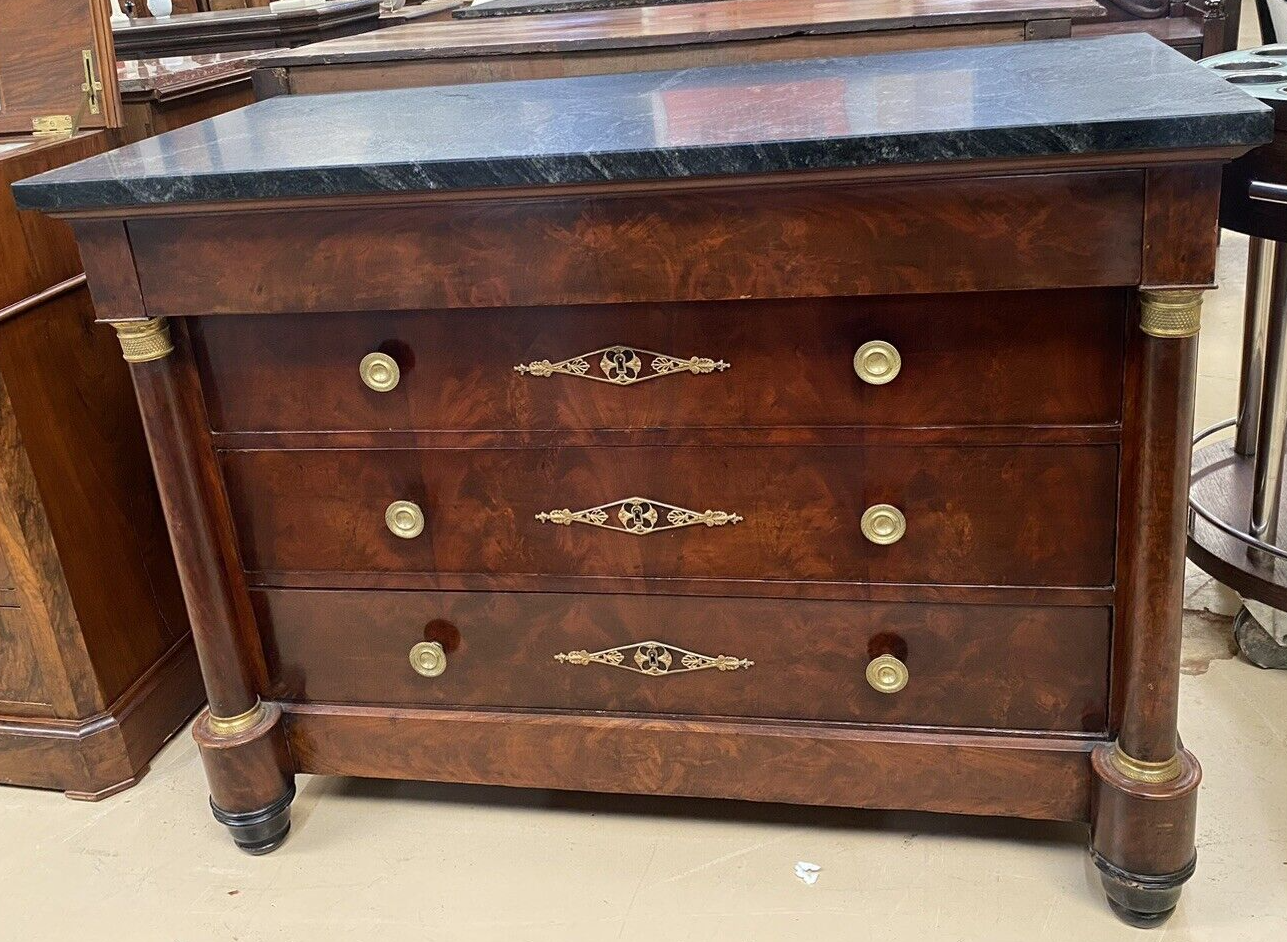 Antique Burled Walnut Mid-19th Century Empire and Marble Top Chest Commode