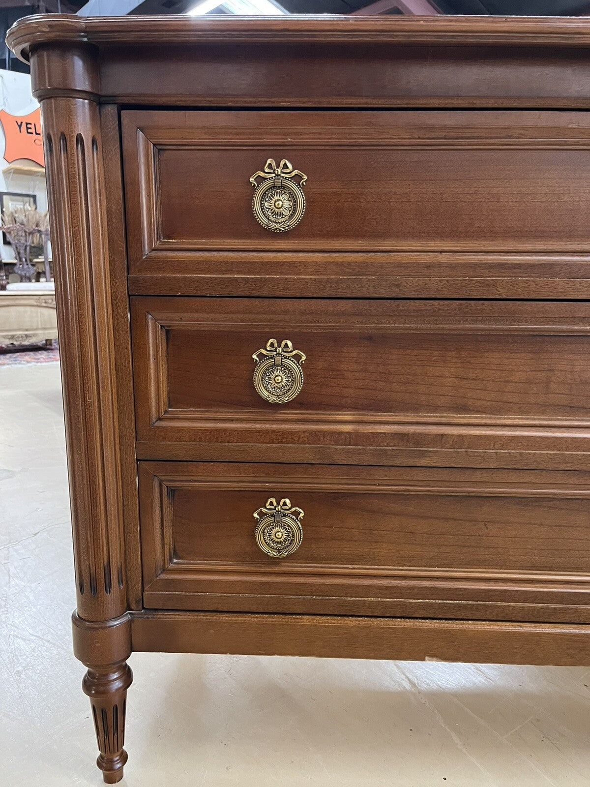 French Louis XVI Cherry Three Drawer Chest Of Drawers Brass Ormolu Pulls 43”