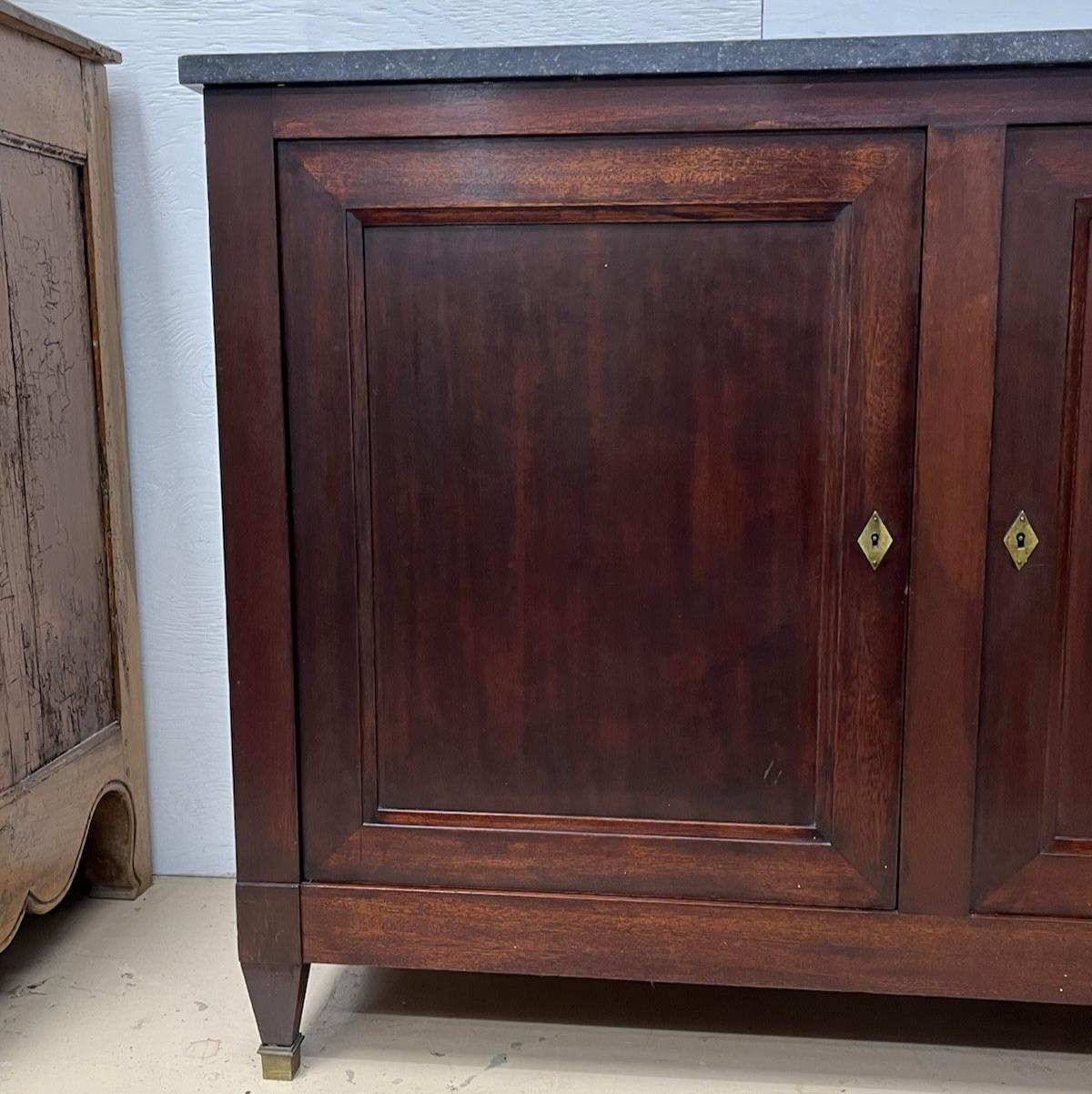 ANTIQUE FRENCH LOUIS XVI MARBLE TOP MAHOGANY SIDEBOARD ENFILADE CHEST 79" WIDE