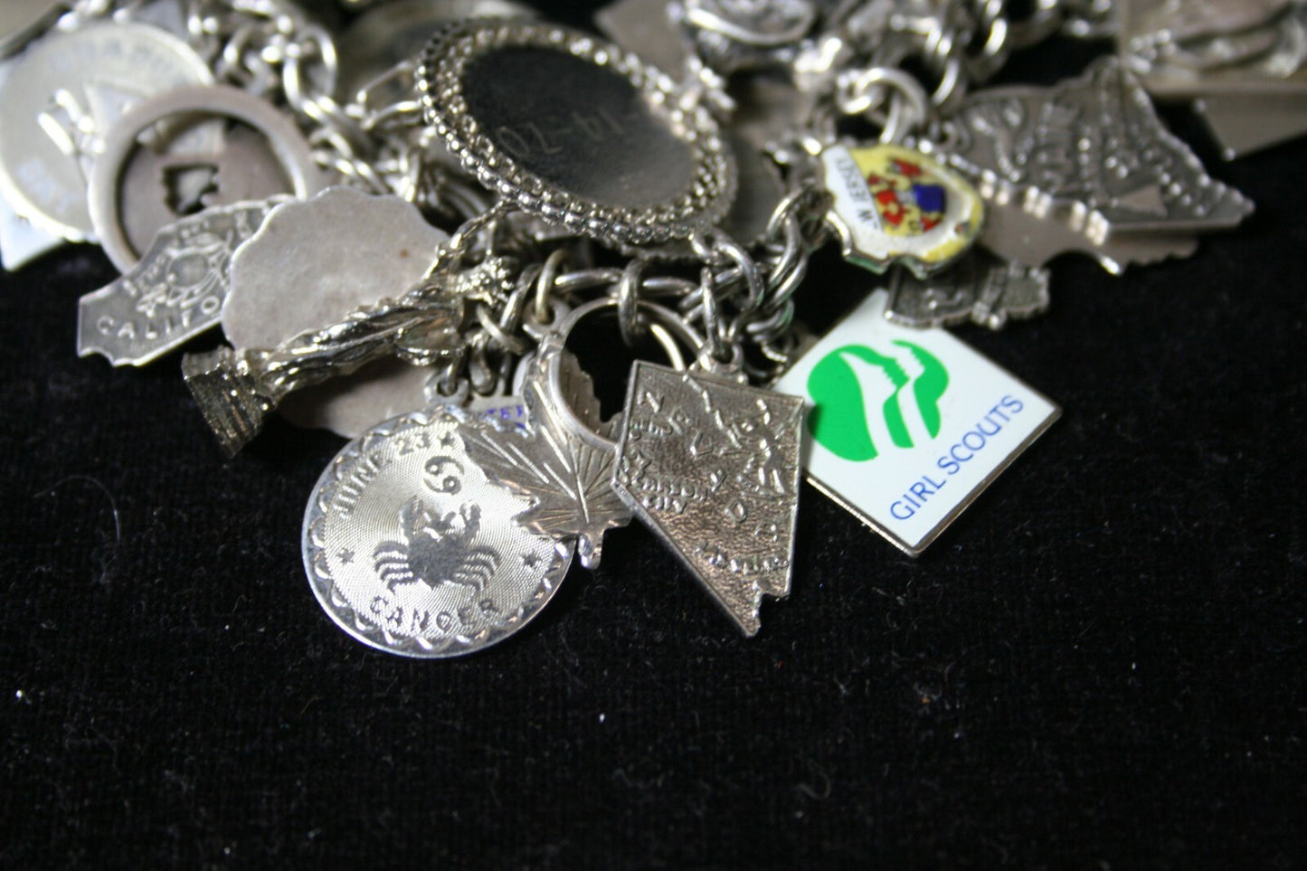 VTG Sterling Silver Charm Bracelet  7-1/4" (125 g) 1960's Safety Chain 43 Charms