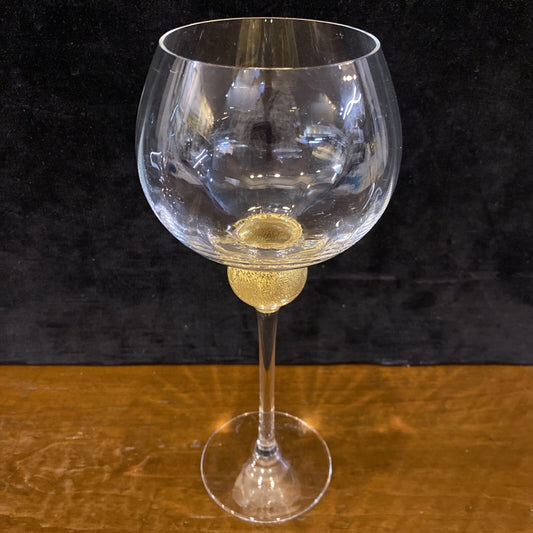 Vtg  Handmade Venetian Wine Glass 9.5" Gold Leaf Ball top of Stem Signed BH323