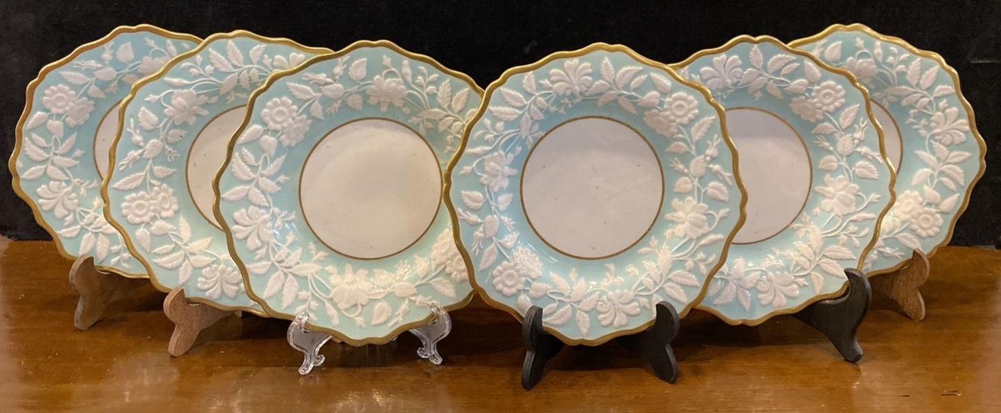 Ridgway 632 Blue & White Embossed Floral 1830s Pearlware 6 Dessert Plates