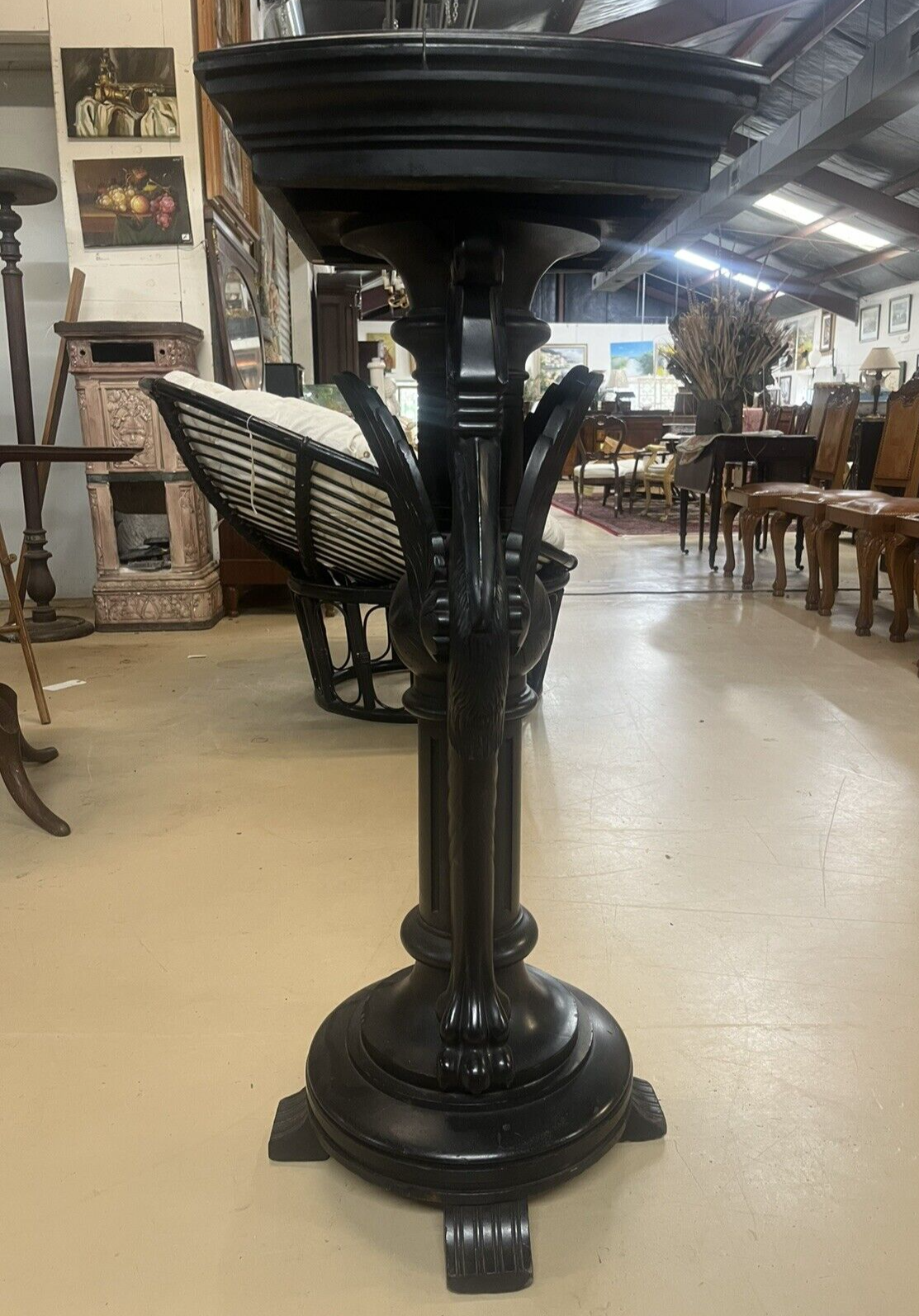 Antique Ebonized Black Wood Pedestal Plant Stand 2 Cranes FS16