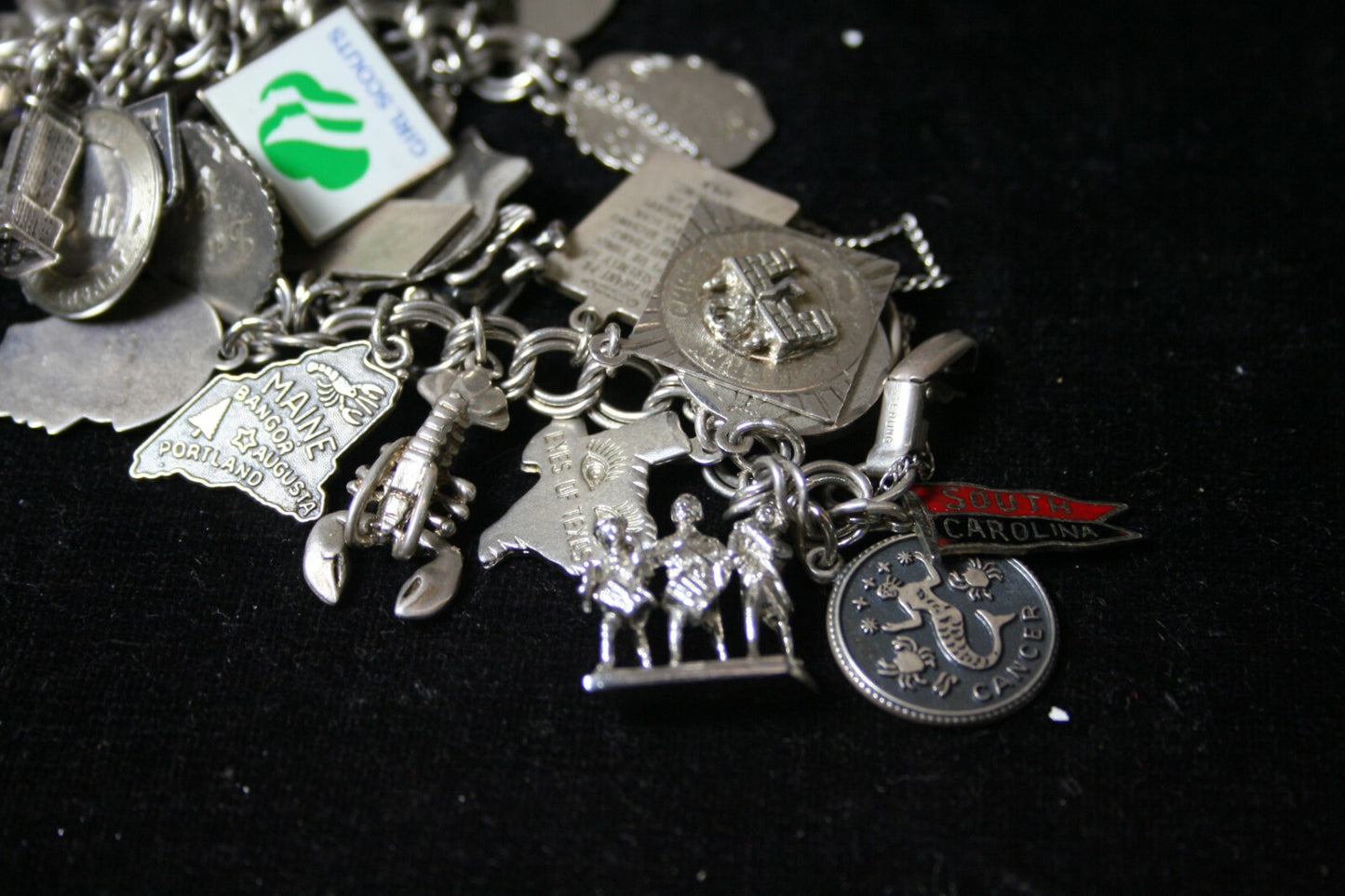 VTG Sterling Silver Charm Bracelet  7-1/4" (125 g) 1960's Safety Chain 43 Charms