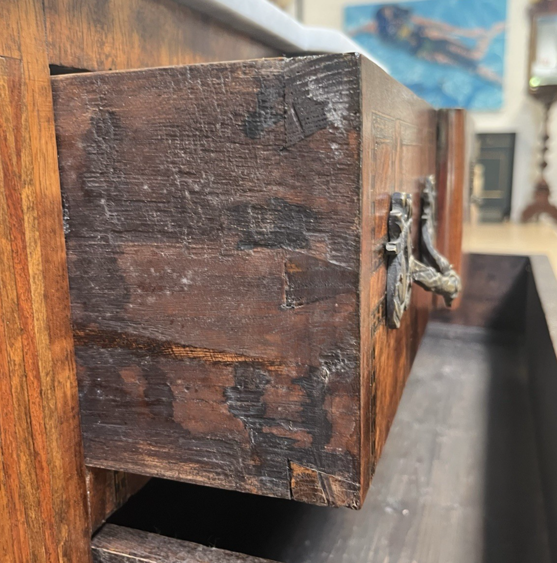 ANTIQUE FRENCH LOUIS XVI MARBLE-TOP INLAID BREAKFRONT COMMODE CHEST