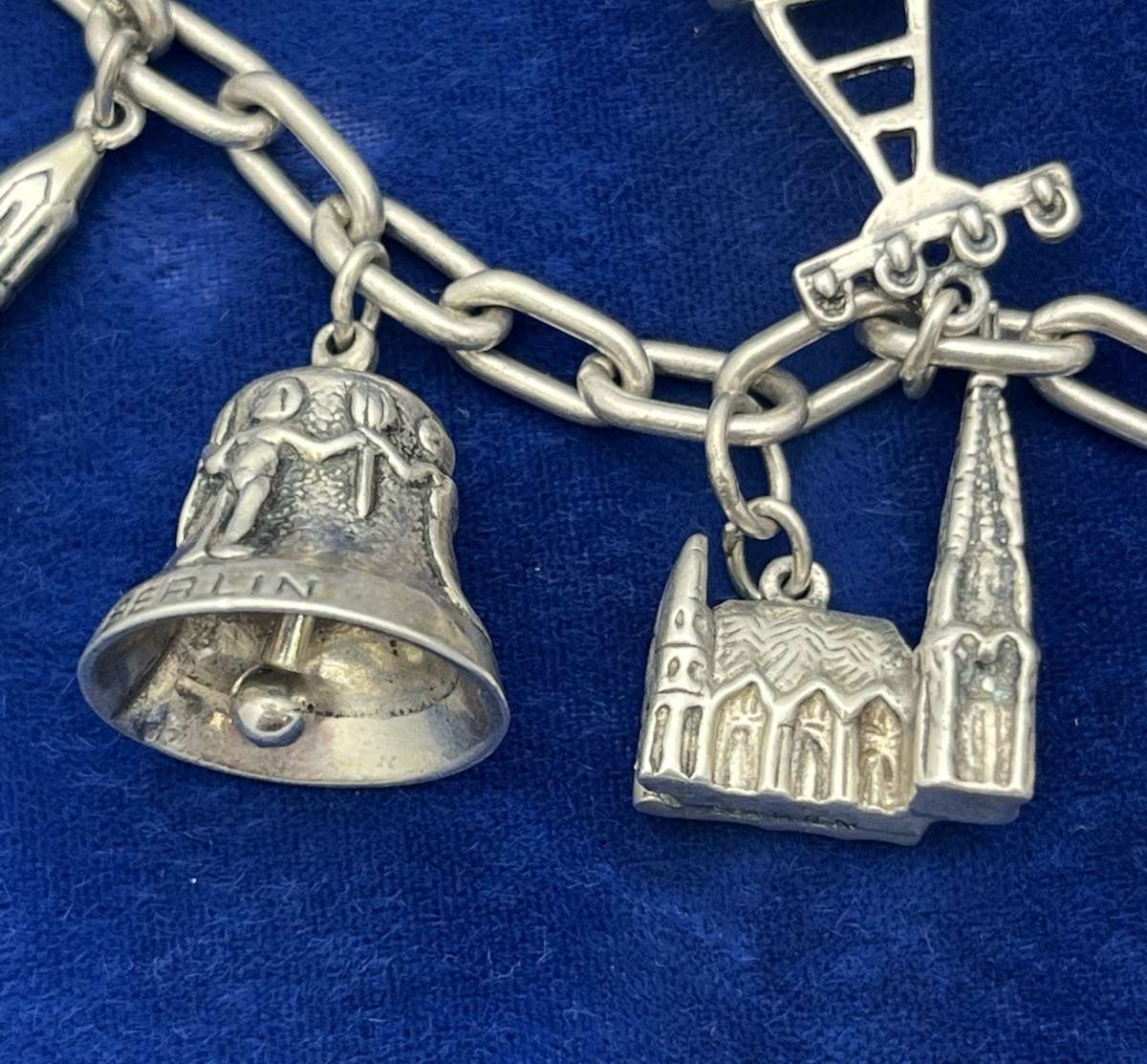 Vintage German 835 Sterling Silver Charm Bracelet  12 Charms 7 3/8 in Length