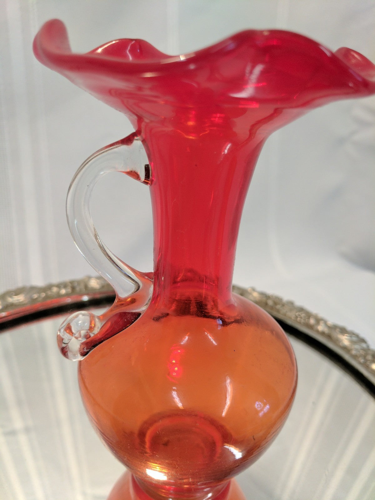 Vintage Hand Blown Art Glass Tangerine/ Amberina Pitcher w Handle Ruffled Top