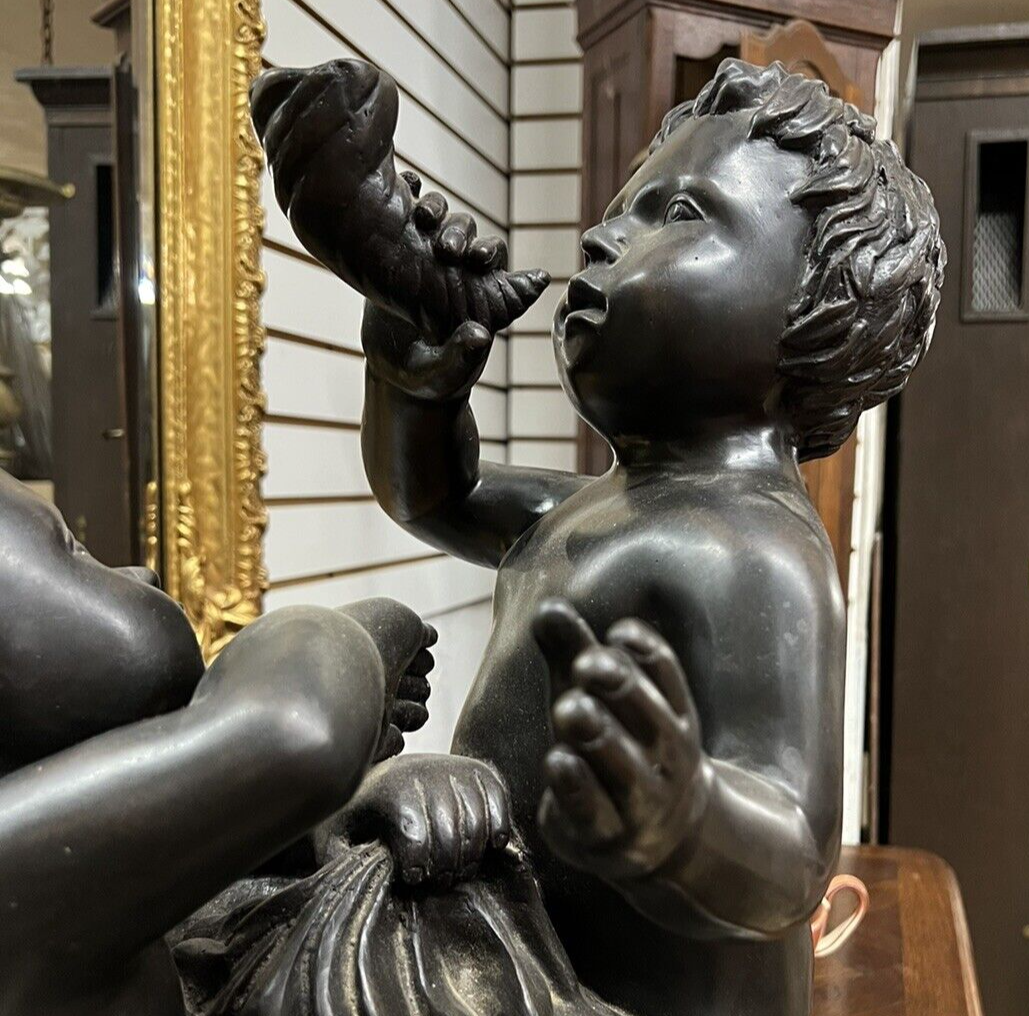 Beautiful Tabletop Solid Bronze Statue of 3 Children Playing Green Patina H 21"