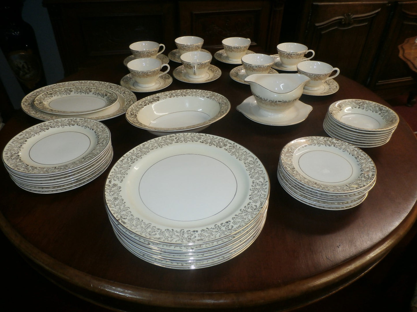 51 Pc. Edwin M Knowles Semi Vitreous Gold Floral China Set Service for 8 plus